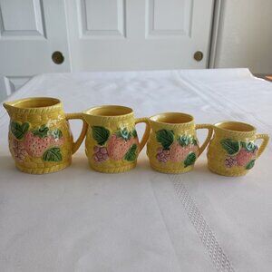Vintage Ceramic Strawberry Basket Weave Pitcher Measuring Cup Set